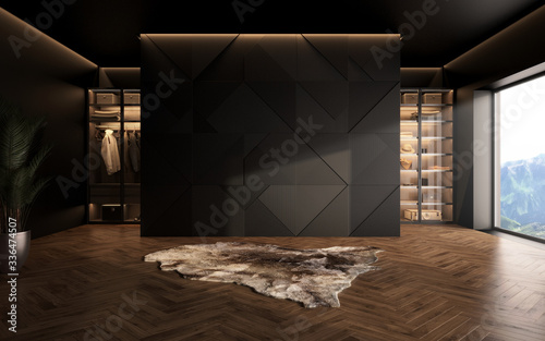 luxury studio apartment with a free layout in a loft style in dark colors. Stylish modern room area with wardrobe, cozy room with soft animal rug carpet. 3d render