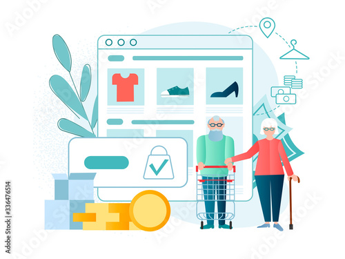 Elderly couple with a shopping basket, shopping trolley.