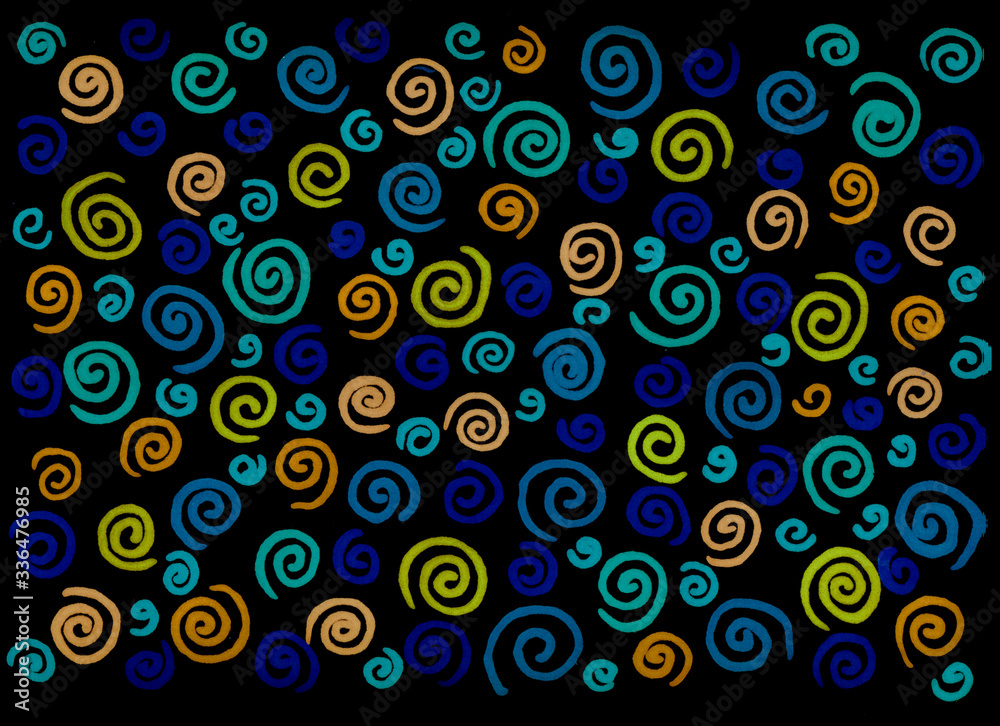 abstract background freehand living materials, colored spirals on a black background