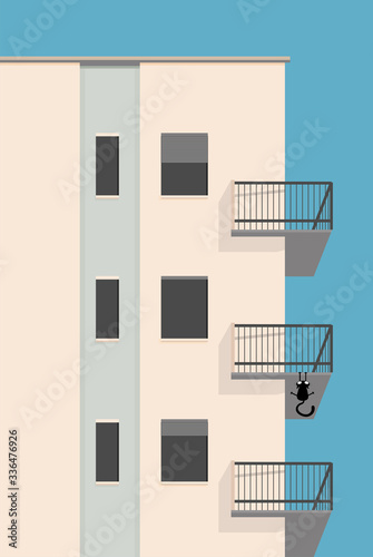 Vector building facade detail architecture illustration. Fragment of city building facade design with architecture elements, windows. cat hanging on the ledge.