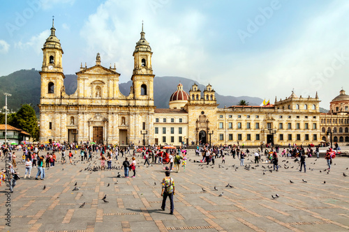 Facade of Bogota Cathedral on Bolivar Square in Colombia