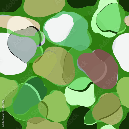 Seamless pattern. Abstract backgrounds. Vector illustrations of simple shapes in dark green, grey, brown colors. Endless repeating textures for banners, fabric, paper, wallpapers, etc.