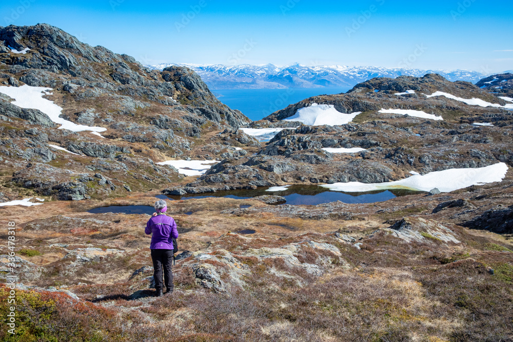 Spring hike on Mo mountain in Brønnøy municipality. Nordland county in northern Norway