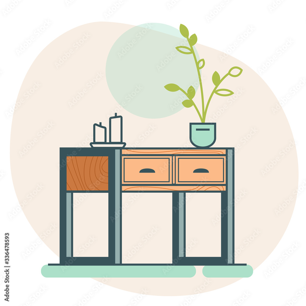 Fototapeta premium Flat icon. Wooden loft chest of drawers icon with flower and candles on top. Flat vector console icon. Vector illustration for a furniture store, website, article, postcard, cover, catalog.
