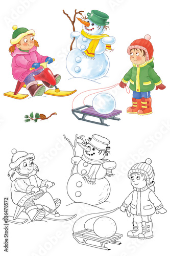 Four seasons. Cute boy and girl are playing outdoors. Coloring page. Coloring book. Illustration for children. Cute and funny cartoon characters