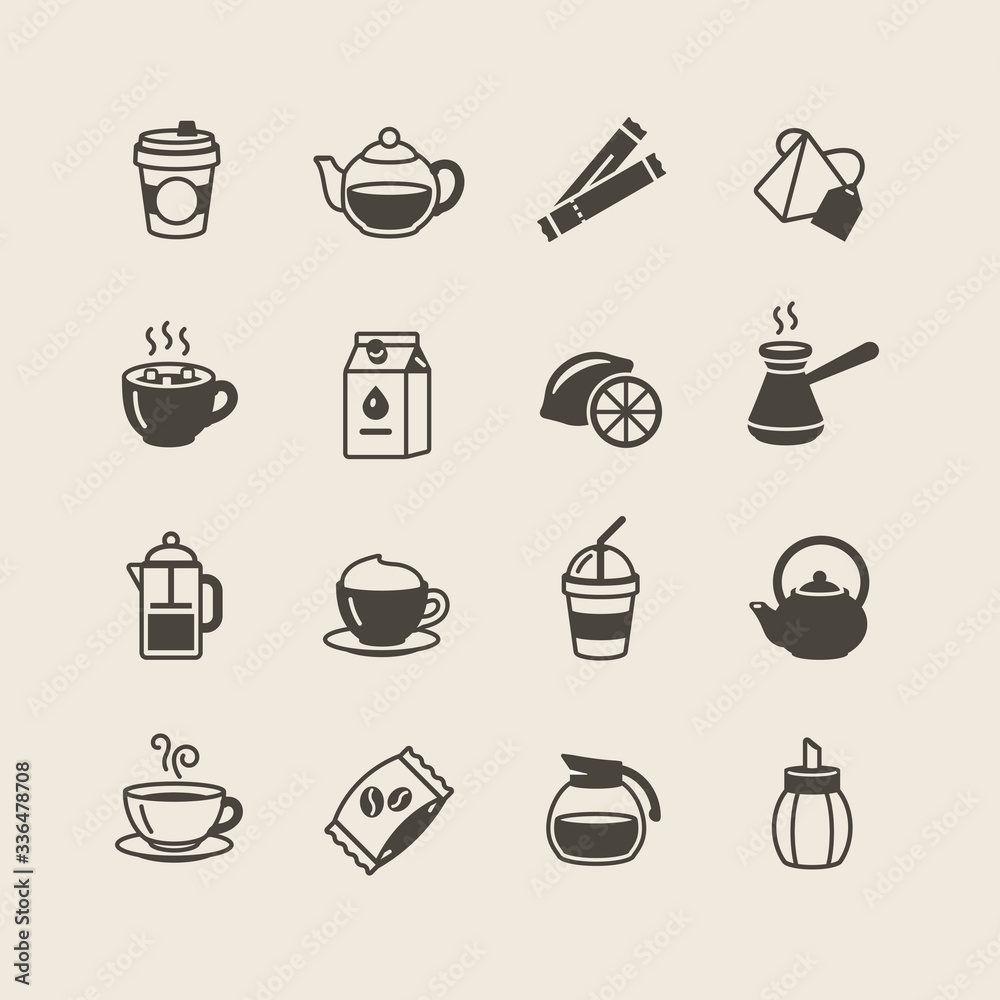 Cooking foods and kitchen icons set