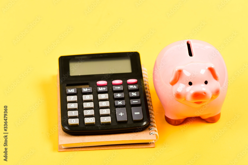 Economics and finance. Credit concept. Money saving. Save money. Banking account. Earn money salary. Money budget planning. Calculate profit. Piggy bank pink pig and calculator. Financial wellbeing Economics and finance. Credit concept. Money saving. Save money. Banking account. Earn money salary. Money budget planning. Calculate profit. Piggy bank pink pig and calculator. Financial wellbeing