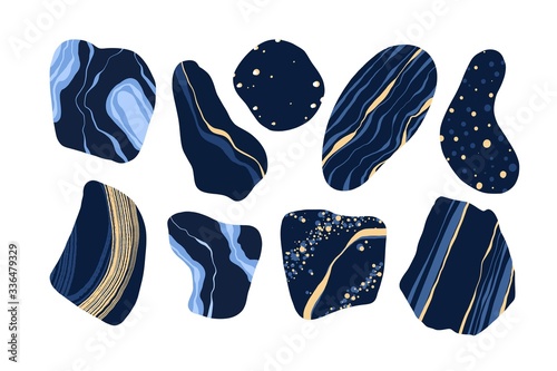 Set of blue and yellow stones. Natural shapes and marbled textures. Design elements for compositions, backgrounds, patterns.