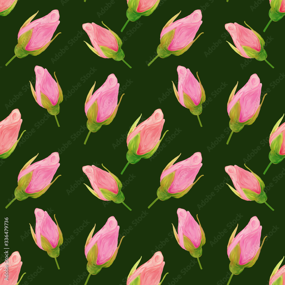 Rose flowers handmade gouache, oil paint seamless pattern gentle dark green. Background for web pages, wedding invitations, save the date cards