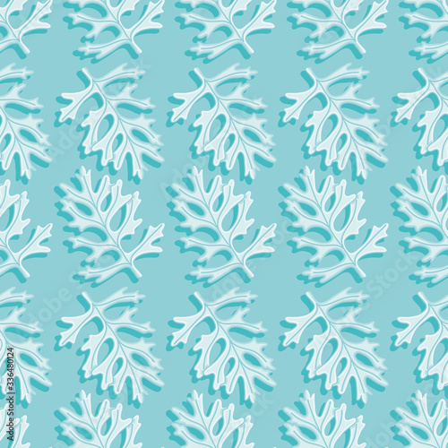 Dusty Miller plant leaf vector repeat pattern. Turquoise natural seamless illustration.