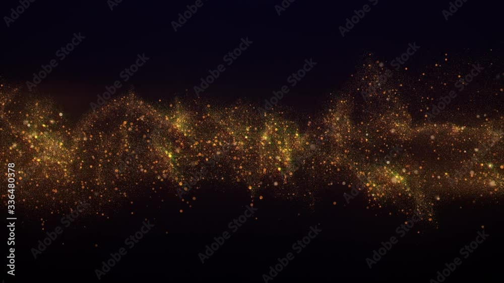 Abstract motion background of gold particles. Shimmering, elegant gold dust floating in the air with bokeh. Seamless 4K loop animation