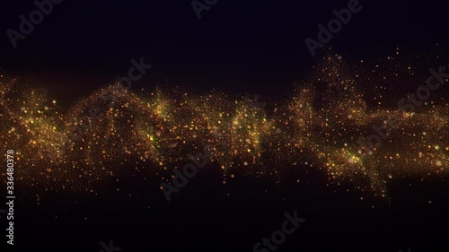 Abstract motion background of gold particles. Shimmering, elegant gold dust floating in the air with bokeh. Seamless 4K loop animation