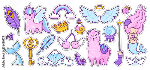Unicorn, alpaca, mermaid and cherry, rainbow and wings. Big set of colorful stickers, badges, pins, patches. Doodle cartoon style. Vector illustration.