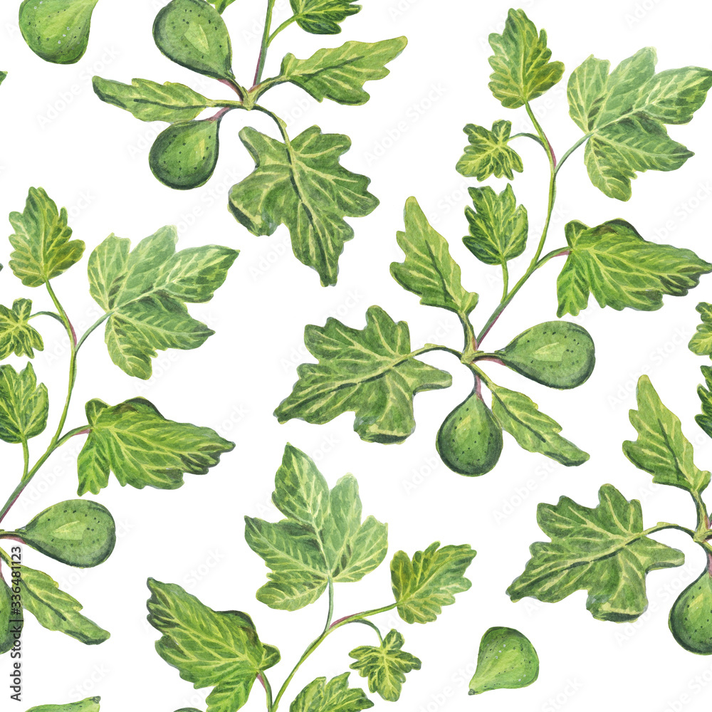 Botanical seamless pattern with figs and green leaves.