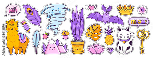 Funny bat, alpaca, tornado, maneki-neko, golden crown and key. Colorful stickers, badges, pins and patches. Doodle cartoon style. Vector illustration.