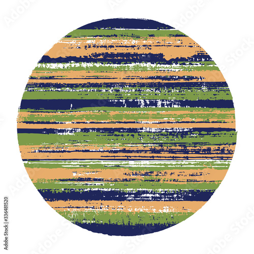 Vintage circle vector geometric shape with striped texture of paint horizontal lines. Disk banner with old paint texture. Emblem round shape circle logo element with grunge background of stripes.