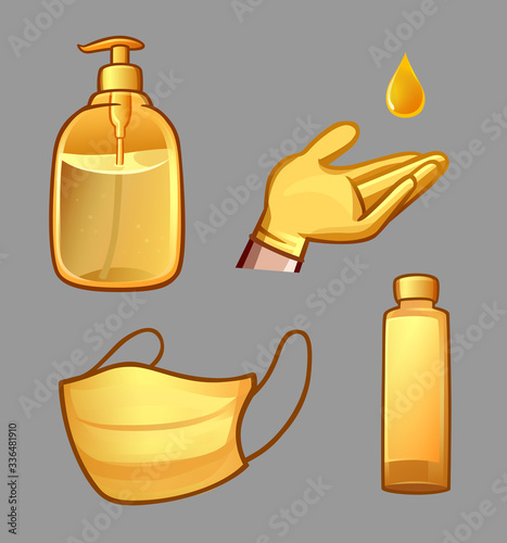 Gold hygiene products set with sanitizer and vaccine
