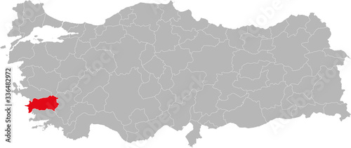 Aydin province highlighted on turkey map vector. Gray background.