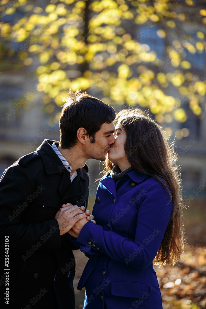 a guy with a girl walking in the park. Autumn in the park. sunny day a guy with a girl walking in the park. Autumn in the park. sunny day