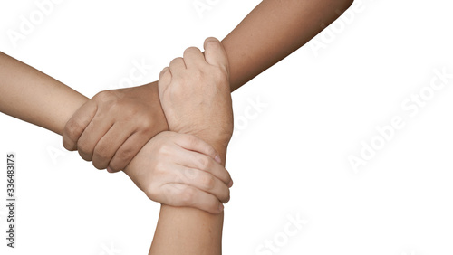 Human join hands together isolated on white background, collaboration of business and education teamwork concept