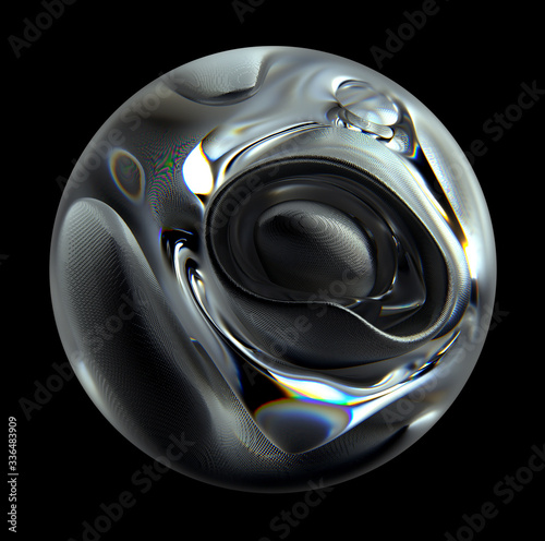 Fototapeta Naklejka Na Ścianę i Meble -  3d render of abstract art of surreal 3d ball in organic curve round wavy smooth and soft bio forms in glass with dispersion effect and metal silver parts in wire structure based on small balls atoms 