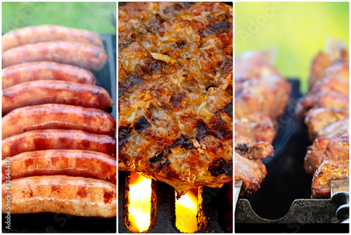 Collage of sausages, hamburgers and kebabs grilled on skewers