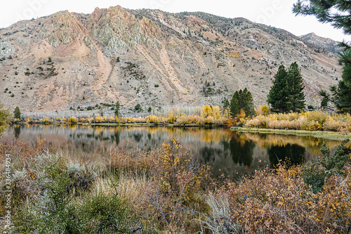 reflecctive mountain lake with pines aspens grass and mountain