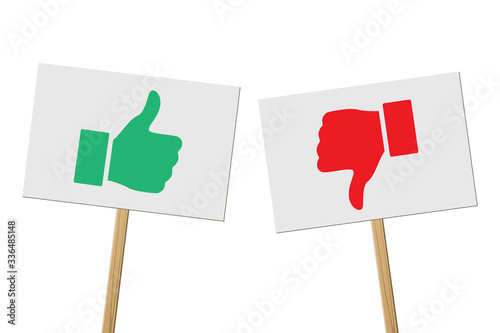 Like and dislike hand gesture signboard on white