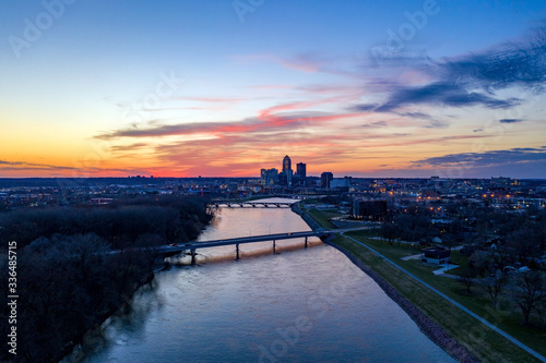 The Des Moines River and Skyline at Sunset