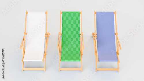 Tela 3D image front view of three sunbeds with white green and blue fabrics staying i