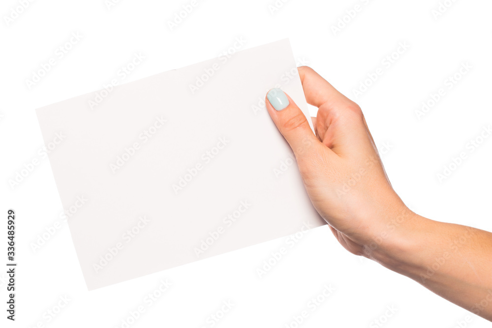 Obraz premium female hand isolated on white background holding card with text place - Image