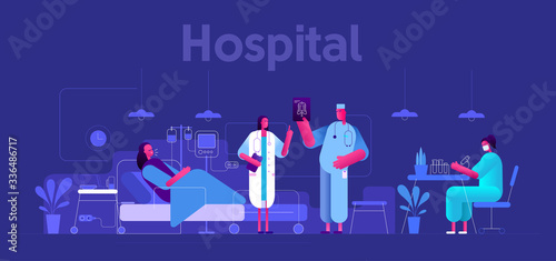 Flat vector illustration. COVID-19. Doctors in the hospital watching an X-ray of the patient. Woman suffering from coronavirus infection. Interior of the hospital. 