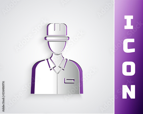 Paper cut Oilman icon isolated on grey background. Paper art style. Vector Illustration