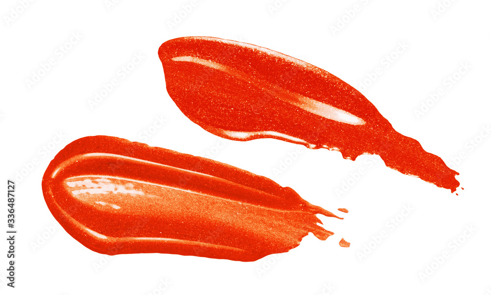 Red shiny lipstick smear smudge swatch isolated on white background. Metallic lip gloss texture. Makeup product sample closeup Red shiny lipstick smear smudge swatch isolated on white background. Metallic lip gloss texture. Makeup product sample closeup