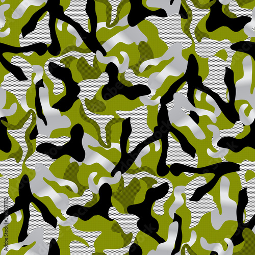 khaki Camouflage seamless pattern in green and silver and black colors. points background army fashion vector