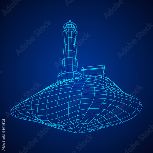 Lighthouse on rock stones island landscape. Navigation Beacon building. Wireframe low poly mesh vector illustration.