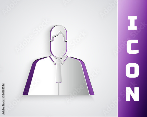 Paper cut Lawyer, attorney, jurist icon isolated on grey background. Jurisprudence, law or court icon. Paper art style. Vector Illustration