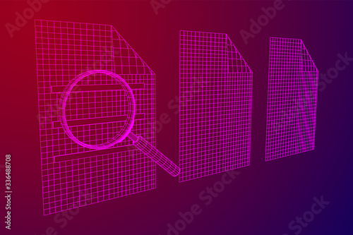 Document file with magnifying glass. Business search concept. Wireframe low poly mesh vector illustration