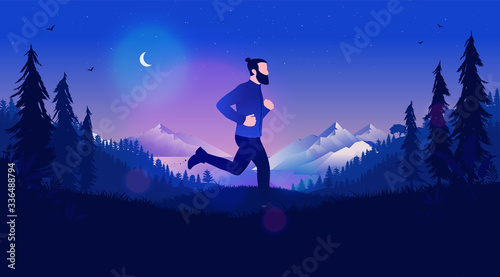 Jogging at night - Man exercising and running in beautiful forest landscape with mountains, sea and moon in sky. Fresh air, healthy living and jogger concept. Vector illustration.