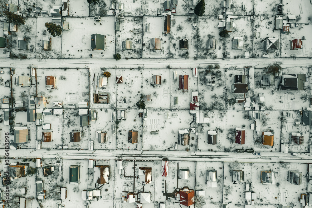Top view of country houses in winter. Aerial view Top view of country houses in winter. Aerial view