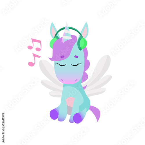 Cute unicorn listening to music in headphones. Music concept. illustration can be used for topics like fantasy, leisure, technology