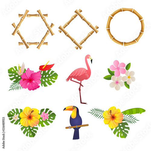 bamboo frames with flamingo,toucan, and flowers, vector illustration on a white background