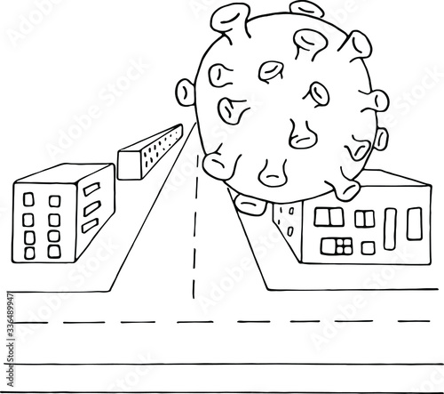 Empty city. Closed derelict town with no people due to coronavirus pandemic.  Stay at home to save your life. Doodle vector illustration. 