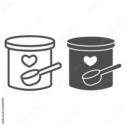 Dried milk and spoon line and solid icon. Baby food in a plastic can with teaspoon outline style pictogram on white background. Childrens nutrition for mobile concept and web design. Vector graphics.
