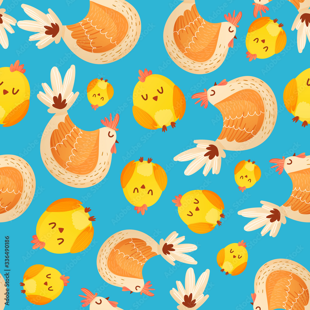 Colorful hens and chickens seamless pattern.