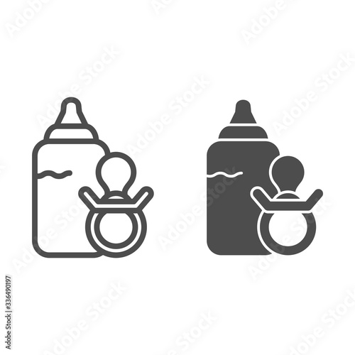 Milk bottle and nipple line and solid icon. Set of baby bottle and babys dummy outline style pictogram on white background. Maternity signs for mobile concept and web design. Vector graphics.