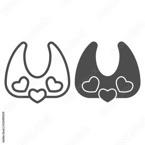 Child breastplate line and solid icon. Baby cloth bib with hearts outline style pictogram on white background. Children feeding accessory for mobile concept and web design. Vector graphics.