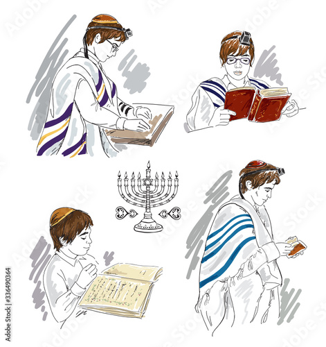 Hand drawing sketches with jewish boys