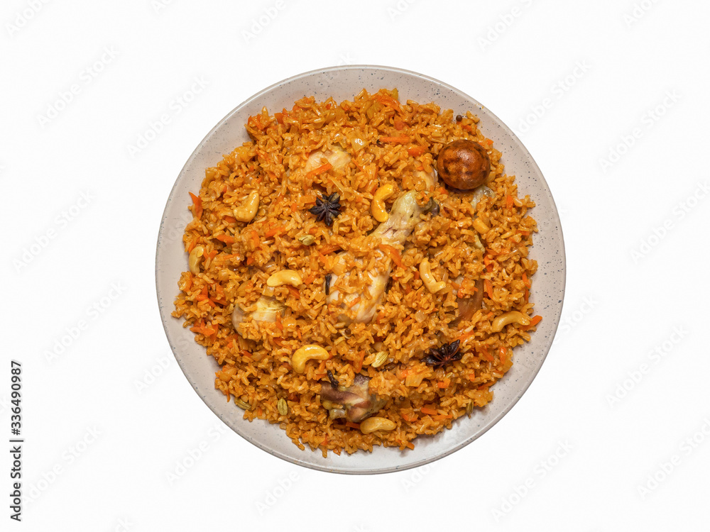 Isolated homemade chicken Biryani. Arabic traditional food bowls Kabsa with meat Isolated homemade chicken Biryani. Arabic traditional food bowls Kabsa with meat