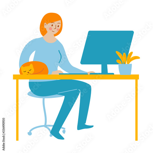 Woman works on computer at home. Stay home. Work from home during quarantine social distancing period of pandemic corona virus or covid-19.